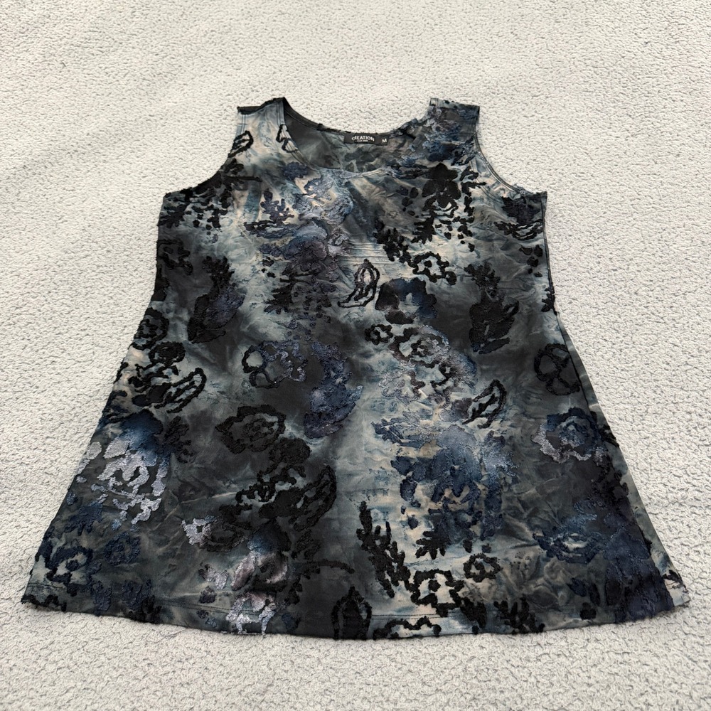 Creation Tank Top Womens M Blue Tie Dye Burnout Velvet Floral Scoop Neck Witchy